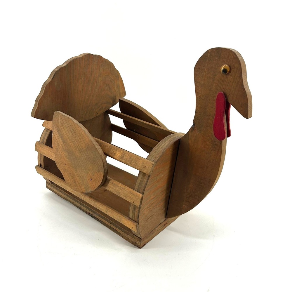 Vintage Handmade Wooden Turkey Basket Thanksgiving Decor Centerpiece Rustic Fall